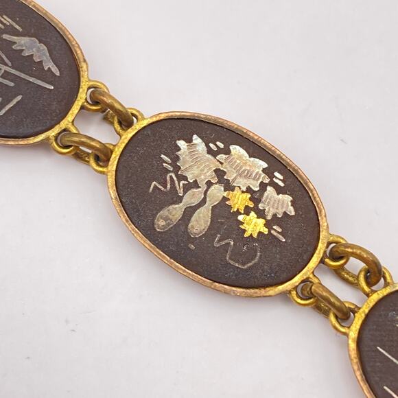 Signed JAPAN Bracelet Vge Japanese Damascene Nature Scenes 1950s Black Gold Tone - Picture 8 of 16